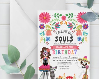 May include: A colorful Day of the Dead themed birthday invitation with a girl dressed as a skeleton, a skeleton playing a guitar, and flowers. The text reads "Calling All Souls, Please Join Us To Celebrate Isabella's 7th Birthday, Saturday Oct 31, 12PM-3PM, The Ramirez Residence, 2147 Anywhere Lane, Spookyville, TN 12345, RSVP to Katie at 555.123.4567".