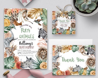 May include: A set of printable party invitations and thank you cards featuring a jungle animal theme. The invitations are green, brown, and orange with a watercolor design of animals like a zebra, lion, rhino, and giraffe. The text on the invitation reads "Calling all Party Animals, Join us as we celebrate Bellamy's Birthday!" The thank you cards are white with a green, brown, and orange watercolor border of jungle animals. The text on the thank you card reads "Thank You".