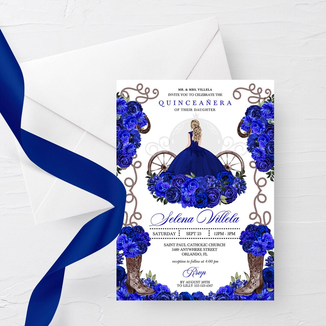 EDITABLE Invitation, Royal Blue Western Ranchero Quinceanera Invitation