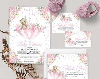 May include: Pink and white baby shower invitation with a teddy bear holding a pink and white polka dot umbrella. The invitation includes the text "join us for a Baby Shower honoring Krista Pearson" and the date "Saturday, August 28".