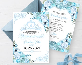 Elegant Sky Blue Floral Quinceanera Invitation (Editable Template) Digital