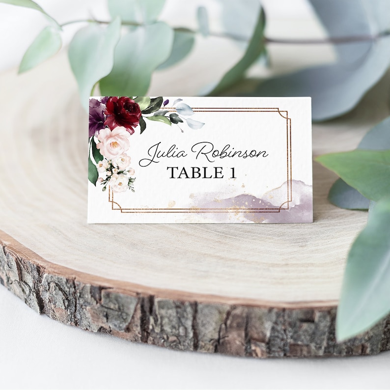Wedding Printable Editable Template Corjl Watercolor Florals Burgundy Floral Wedding Place Card