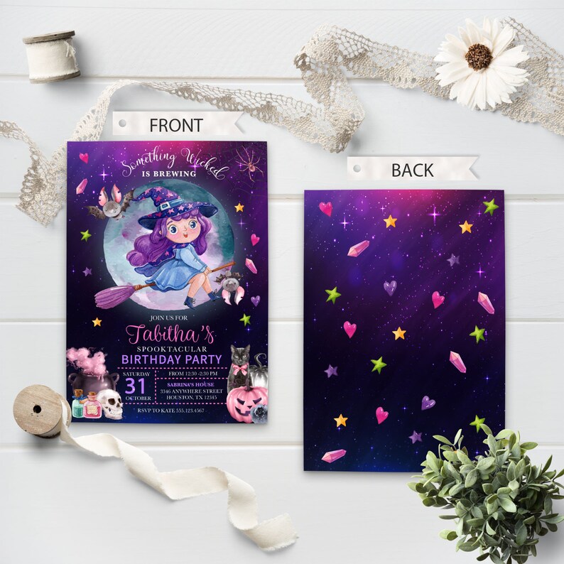 May include: Purple and black Halloween party invitation with a witch flying on a broomstick. The text reads "Something Wicked is Brewing, Join us for Tabitha's Spooktacular Birthday Party, Saturday, October 31, from 12:30-2:00, Sabrina's House, Anywhere Street, Houston, TX 12345, RSVP to Kate 353.125.4367".