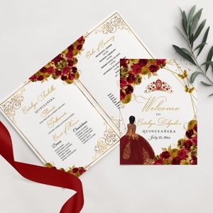 EDITABLE Program Template, Red & Gold Floral Quinceanera Program, Mis Quince, 5x7 Bi-Fold Program, Template, Corjl