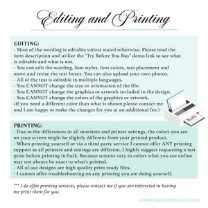 K&ouml;nnte beinhalten: Eine hellblaue und wei&szlig;e Grafik mit dem Text "Editing and Printing" in einer kursiv geschriebenen Schriftart. Die Grafik enth&auml;lt eine Liste mit Informationen zu Bearbeitung und Druck. Der Text enth&auml;lt Informationen zur Bearbeitung des Wortlauts, der Schriftarten, der Schriftfarben, der Textplatzierung und zum Hochladen von Fotos. Der Text enth&auml;lt auch Informationen zum Druck, wie z. B. die Unterschiede bei den Monitor- und Druckereinstellungen und die Tatsache, dass der Verk&auml;ufer Druckdienste anbietet.