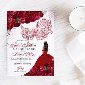 EDITABLE Invitation, Red Floral Sweet Sixteen Masquerade Invitation, Birthday Invite, Sweet 16, Printable, Template, Corjl