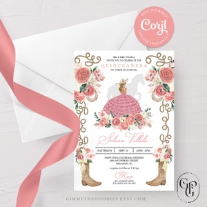 Pink Western Mariachi Charro Cowgirl Quinceanera Invitation, Fiesta, Birthday, Mis Quince, Printable, Template, Corjl