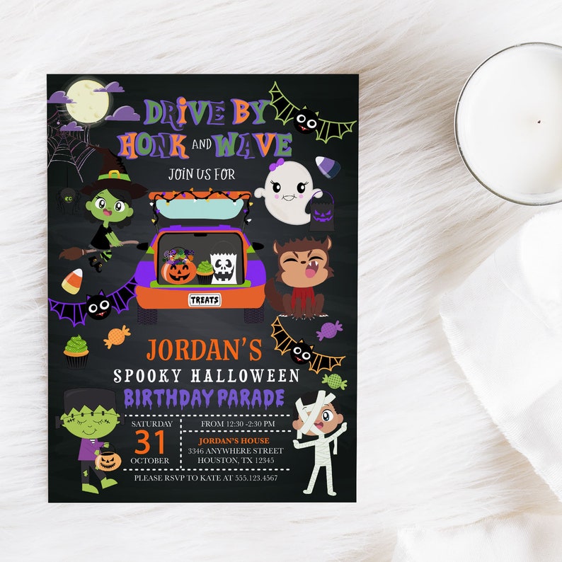 May include: A black and white invitation for a spooky Halloween birthday parade. The invitation features a cartoon car with a trunk full of treats, a witch, a ghost, a werewolf, and a Frankenstein monster. The text on the invitation reads "Drive by and Honk and Wave, Join us for Jordan's Spooky Halloween Birthday Parade, Saturday, October 31, From 12:30-2:30 PM, Jordan's House, 3346 Anywhere Street, Houston, TX 12345, Please RSVP to Kate at 555.123.4567."