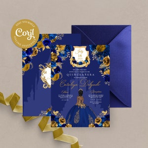 EDITABLE Invitation, Royal Blue & Gold Floral Quinceanera Invitation, Birthday Invite, Mis Quince, Printable, Template, Corjl