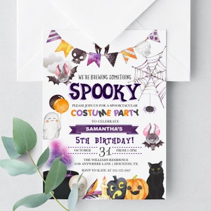 May include: A Halloween-themed invitation with watercolor illustrations. The invitation features a banner, bats, a spiderweb, a ghost, pumpkins, and the text "We're Brewing Something Spooky" and "Costume Party". It announces a 5th birthday party.