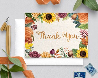 Sunflower Autumn Thank You Card, Wedding, Birthday, Template, Editable, Fall, Autumn, Thank You Card Template, Printable, Corjl