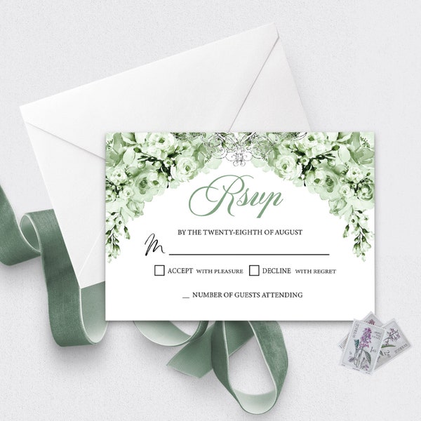 Sage Green Floral Quinceanera RSVP Card, Mis Quince, Birthday, Sweet 15, Template, Editable, RSVP, Reception, Printable, Corjl