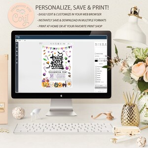 May include: A computer screen displaying a Halloween party invitation with the text "Trick or Treat" and "Halloween Fun!" The invitation is decorated with pumpkins, candy, and other Halloween-themed imagery. The screen is on a desk with a keyboard, a lamp, and other office supplies.