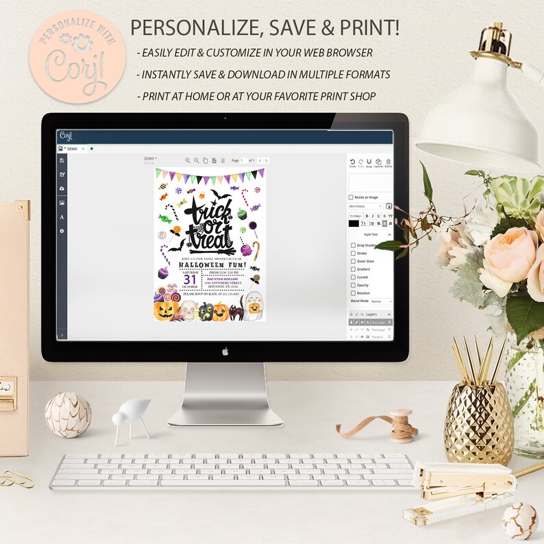 May include: A computer screen displaying a Halloween party invitation with the text "Trick or Treat" and "Halloween Fun!" The invitation is decorated with pumpkins, candy, and other Halloween-themed imagery. The screen is on a desk with a keyboard, a lamp, and other office supplies.