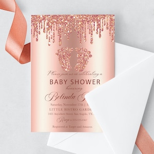 EDITABLE Invitation, Rose Gold Glitter Drip Baby Feet Baby Shower Invitation, Dripping Glitter, Baby Shower, Printable, Template, Corjl