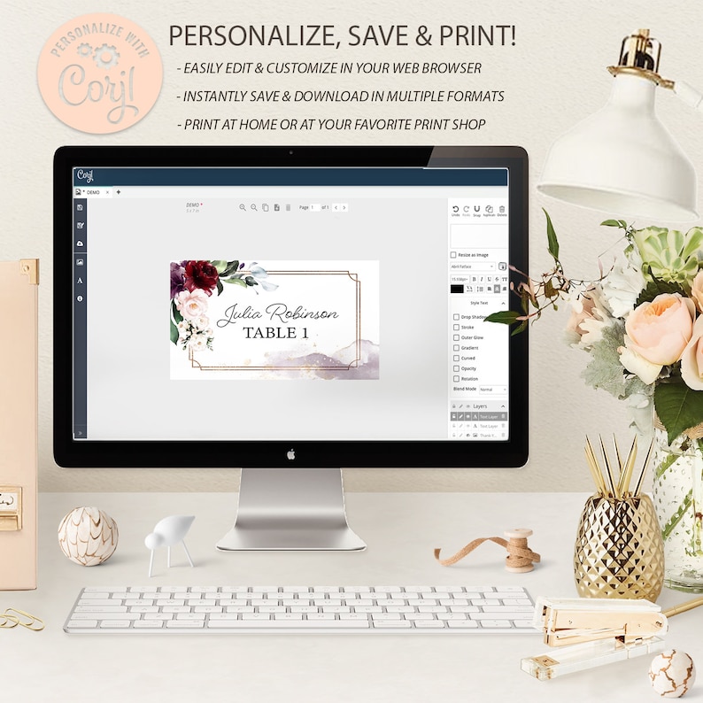 Wedding Printable Editable Template Corjl Watercolor Florals Burgundy Floral Wedding Place Card