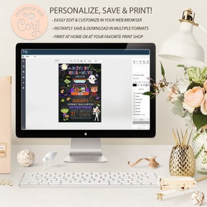May include: A computer screen displaying a digital design template for a Halloween drive-by birthday party invitation. The invitation features a black chalkboard background with colorful cartoon illustrations of a car, ghosts, and candy. The text on the invitation reads "Drive By Honk and Wave" and "Jordan's Spooky Halloween Birthday Parade".