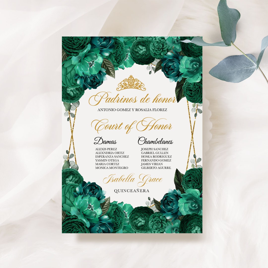 Invitaciones De 15 Años Verde Esmeralda Para Editar Gratis INVITACIÓN EDITABLE, Elegante Quinceañera Floral Verde Esmeralda Lista de Padrinos, Invitación de Cumpleaños, Mis Quince, Imprimible, Plantilla, Corjl - Etsy España