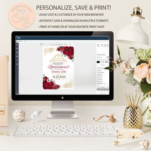 May include: A digital design template for a Quincea&ntilde;era invitation. The design features a gold crown, red roses, and gold scrollwork. The text on the invitation reads "Quincea&ntilde;era" and "Catalina Elise" with the date "10.25.2021".