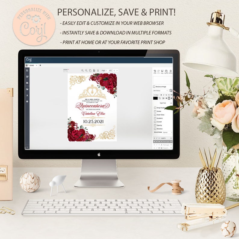 May include: A digital design template for a Quincea&ntilde;era invitation. The design features a gold crown, red roses, and gold scrollwork. The text on the invitation reads "Quincea&ntilde;era" and "Catalina Elise" with the date "10.25.2021".
