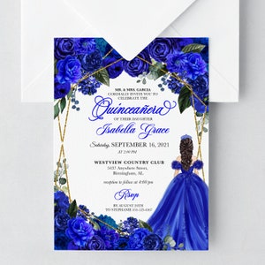EDITABLE Invitation, Elegant Royal Blue Floral Quinceanera Invitation, Birthday Invite, Mis Quince, Printable Invite, Template, Corjl