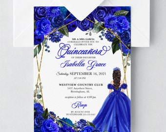 EDITABLE Invitation, Elegant Royal Blue Floral Quinceanera Invitation, Birthday Invite, Mis Quince, Printable Invite, Template, Corjl