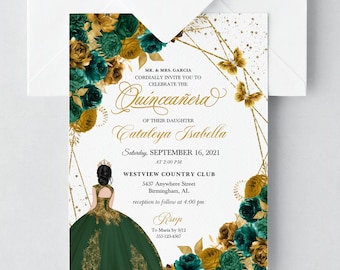 May include: A Quinceañera invitation with gold and green floral accents. The invitation features a gold geometric frame with butterflies and the text "Quinceañera" in gold script. The text "Cataleya Isabella" is written in gold script below the word "Quinceañera". The invitation also includes the date, time, and location of the event.