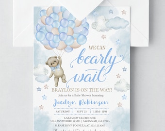 Op de afbeelding: Een blauwe en witte babyshower-uitnodiging met een teddybeer die ballonnen vasthoudt. De uitnodiging luidt "We can barely wait! Braylon is on the way!" en bevat de naam "Jocdyn Robinson".