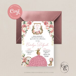 Pink Floral Western Mariachi Charro Cowgirl Quinceanera Invitation, Fiesta, Birthday, Mis Quince, Printable, Template, Corjl