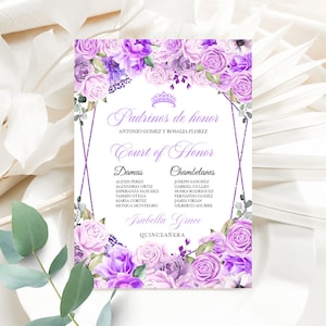 EDITABLE Invitation, Elegant Lilac Purple Floral Quinceanera Lista de Padrinos, Birthday Invite, Mis Quince, Printable, Template, Corjl