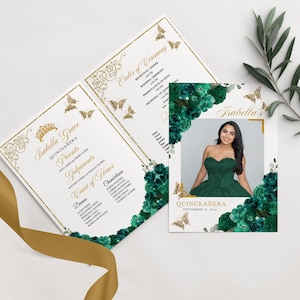 May include: A Quinceañera invitation featuring a green and gold floral design. The invitation includes the name "Isabella Grace" and the date "September 16, 20xx".
