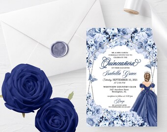 Dusty Blue Floral Quinceanera Invitation Template (Editable, Printable) Digital