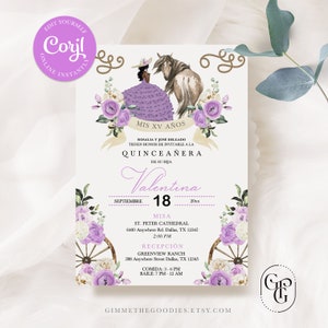 Lila rozen Cowgirl Western Charro Quinceanera uitnodiging, Fiesta, verjaardag, Mis kweepeer, afdrukbaar, sjabloon, Corjl