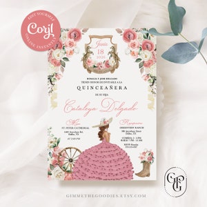 Pink Floral Western Mariachi Charro Cowgirl Quinceanera Invitation, Fiesta, Birthday, Mis Quince, Printable, Template, Corjl