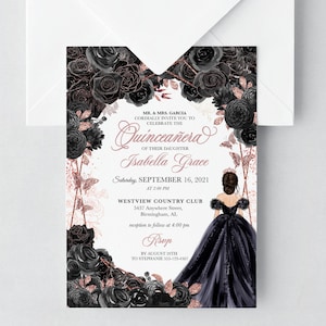 EDITABLE Invitation, Elegant Black and Rose Gold Quinceanera Invitation, Birthday Invite, Mis Quince, Printable, Template, Corjl