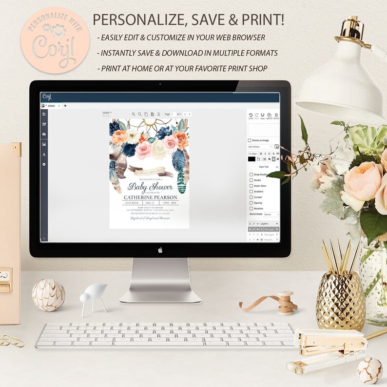 May include: A computer monitor displays a baby shower invitation with floral and feather designs. The invitation includes the text "Baby Shower" and the name "Catherine Pearson." The screen also shows editing tools. The text "PERSONALIZE, SAVE & PRINT!" is visible.