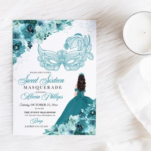 EDITABLE Invitation, Teal Floral Sweet Sixteen Masquerade Invitation, Birthday Invite, Sweet 16, Printable, Template, Corjl