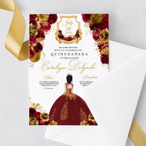 EDITABLE Invitation, Red & Gold Floral Quinceanera Invitation, Birthday Invite, Mis Quince, Printable, Template, Corjl