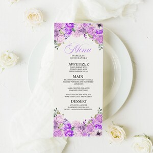 Plantilla de menú EDITABLE, Elegante menú de quinceañera floral lila púrpura, Mis Quince, Imprimible, Plantilla, Corjl