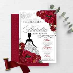 Red Floral Quinceanera Invitation: Elegant Silver Template (EDITABLE)