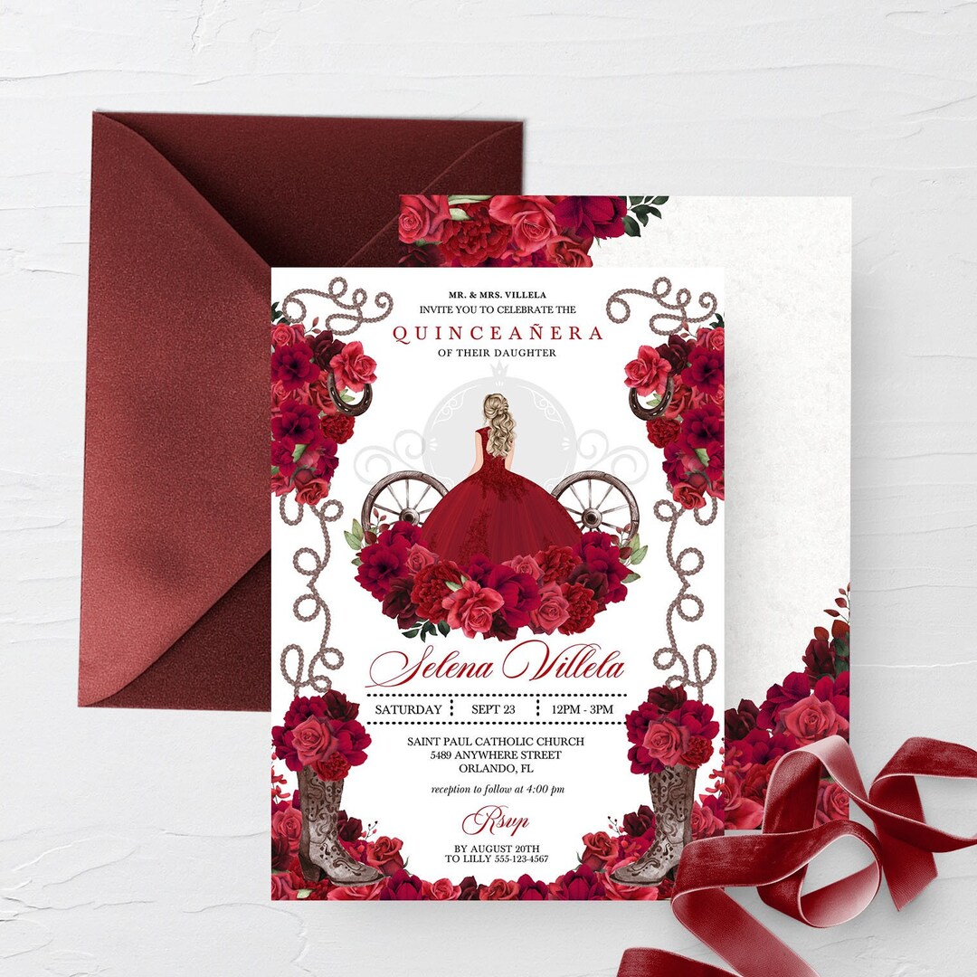 EDITABLE Invitation, Red Roses Western Cowboy Boots Quinceanera