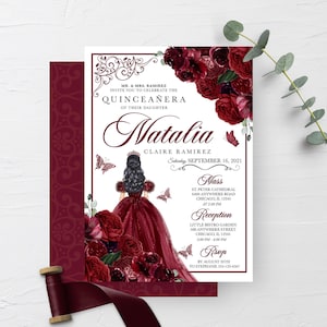 EDITABLE Invitation, Elegant Burgundy Floral Quinceanera Invitation, Birthday Invite, Mis Quince, Printable, Template, Corjl