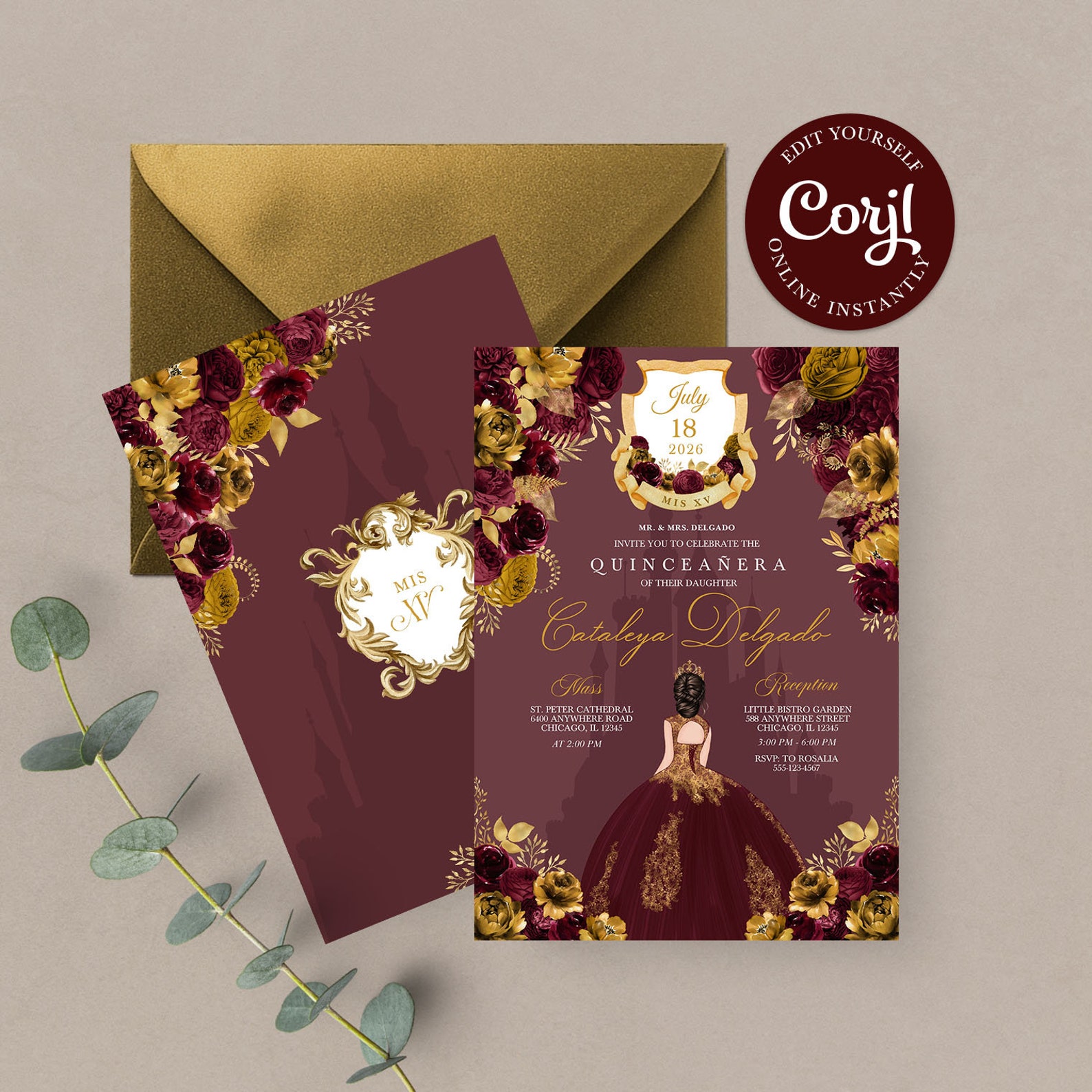 EDITABLE Invitation Burgundy & Gold Floral Quinceanera Etsy