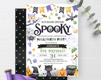 May include: A Halloween party invitation with a purple, black, and green color scheme. The invitation features a cartoon illustration of a witch's hat, a cauldron, a black cat, a ghost, a spider, and candy. The text on the invitation reads "We're brewing something spooky. Please join us for a spooktacular Halloween party to celebrate Jordan's 5th birthday!"