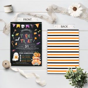 May include: Halloween-themed invitation with a chalkboard-style design. The front features colorful graphics of candy, pumpkins, and a ghost, with event details. The back has black, white, and orange horizontal stripes. Includes text: "Trunk or Treat".
