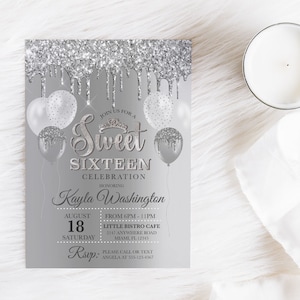 EDITABLE Invitation, Silver Glitter Drip Sweet Sixteen Birthday Invitation, Birthday Invite, Printable Invite, Template, Corjl