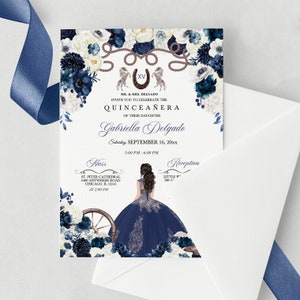 Puede incluir: Una invitación floral azul y blanca para una Quinceañera. La invitación presenta una herradura con el número romano XV, un borde floral y una silueta de una niña con un vestido azul. El texto de la invitación dice: "MR. & MRS. DELGADO INVITE YOU TO CELEBRATE THE QUINCEAÑERA OF THEIR DAUGHTER Gabriella Delgado Saturday, SEPTEMBER 16, 20xx 3:00 PM - 6:00 PM Mass ST. PETER CATHEDRAL 6400 ANYWHERE ROAD CHICAGO, IL 12345 AT 2:00 PM Reception LITTLE P"