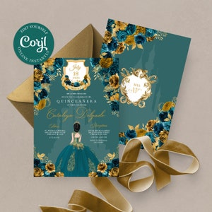 EDITABLE Invitation, Teal & Gold Floral Quinceanera Invitation, Birthday Invite, Mis Quince, Printable, Template, Corjl