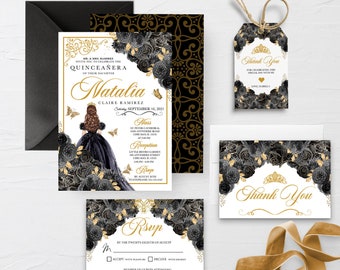 May include: Black and gold quinceañera invitation suite with a black and white illustration of a girl in a black gown with a crown. The invitation includes a RSVP card and a thank you tag. The text on the invitation reads "Matalia Claire Ramirez, September 16, 2021".