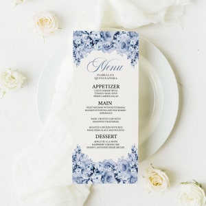 Plantilla de menú EDITABLE, Elegante menú de quinceañera floral azul polvoriento, Mis Quince, Imprimible, Plantilla, Corjl
